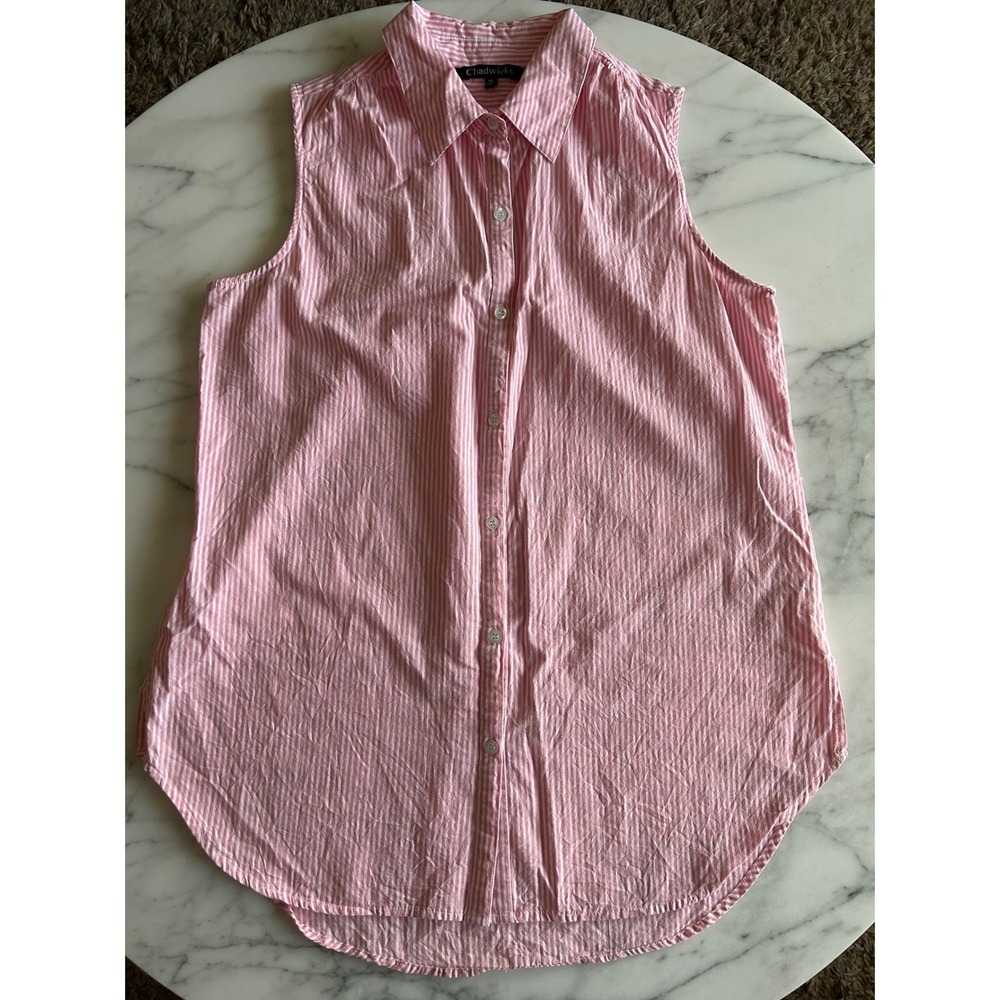 Chadwicks Womens Pink White Striped Sleeveless Button Down Shirt Cotton Tunic PL - Picture 3 of 10